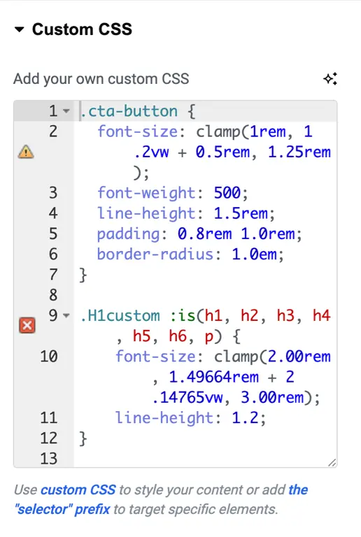 How I Use Elementor Efficiently — Without Styling Chaos 3 Example for custom CSS in Elementor site settings