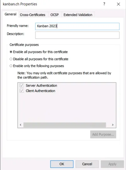 Exchange certificate friendly name