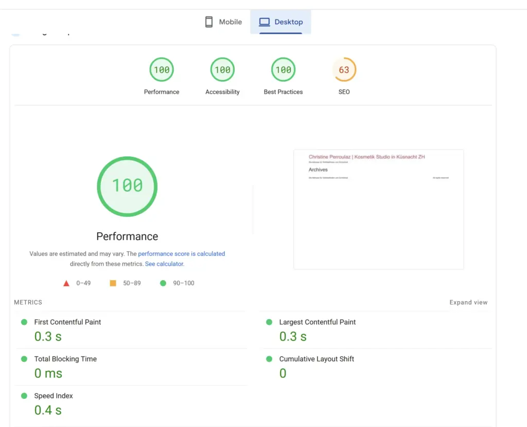 Google PageSpeed Insights desktop report for a Hello Elementor theme site showing Performance 100, Accessibility 100, Best Practices 100 and SEO 63