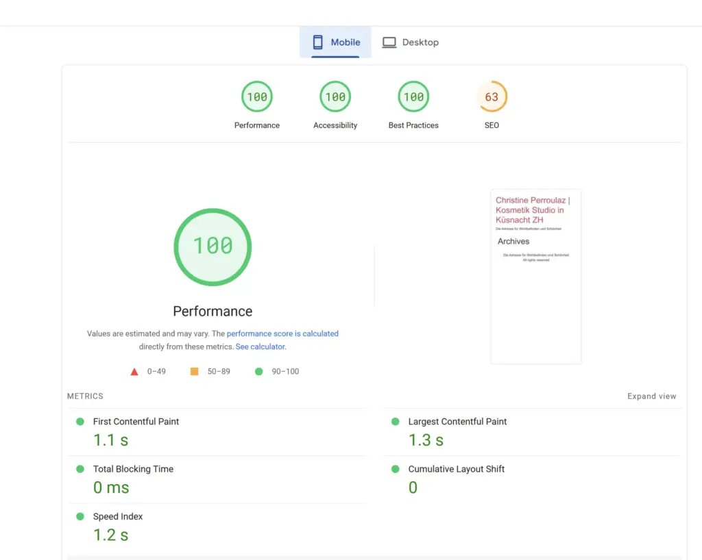 Google PageSpeed Insights mobile report for a Hello Elementor theme site showing Performance 100, Accessibility 100, Best Practices 100 and SEO 63