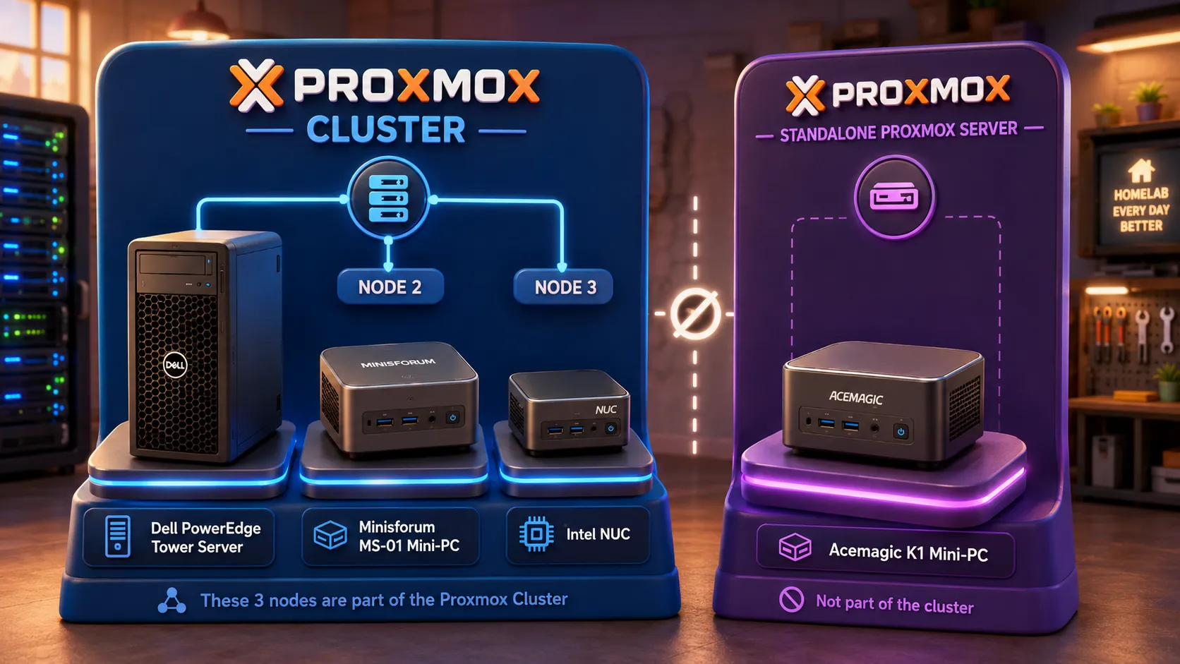 Proxmox cluster with three nodes (Dell PowerEdge tower server, Minisforum MS-01, Intel NUC) next to a standalone Acemagic K1 mini PC that is not part of the cluster