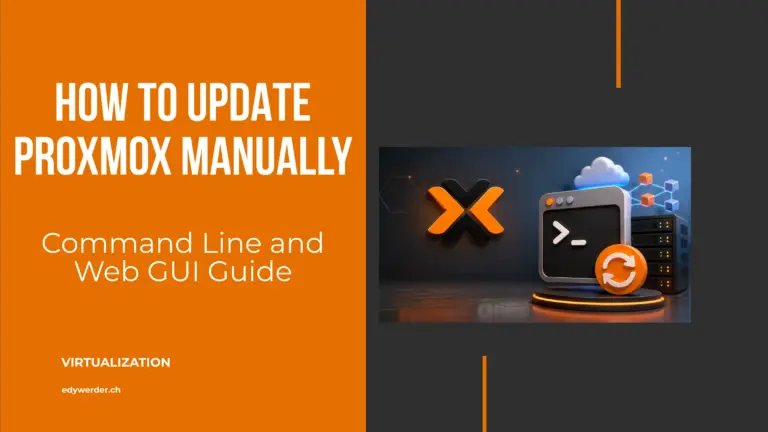 How to update Proxmox manually — hero image showing the Proxmox logo, a terminal window, and a server rack."