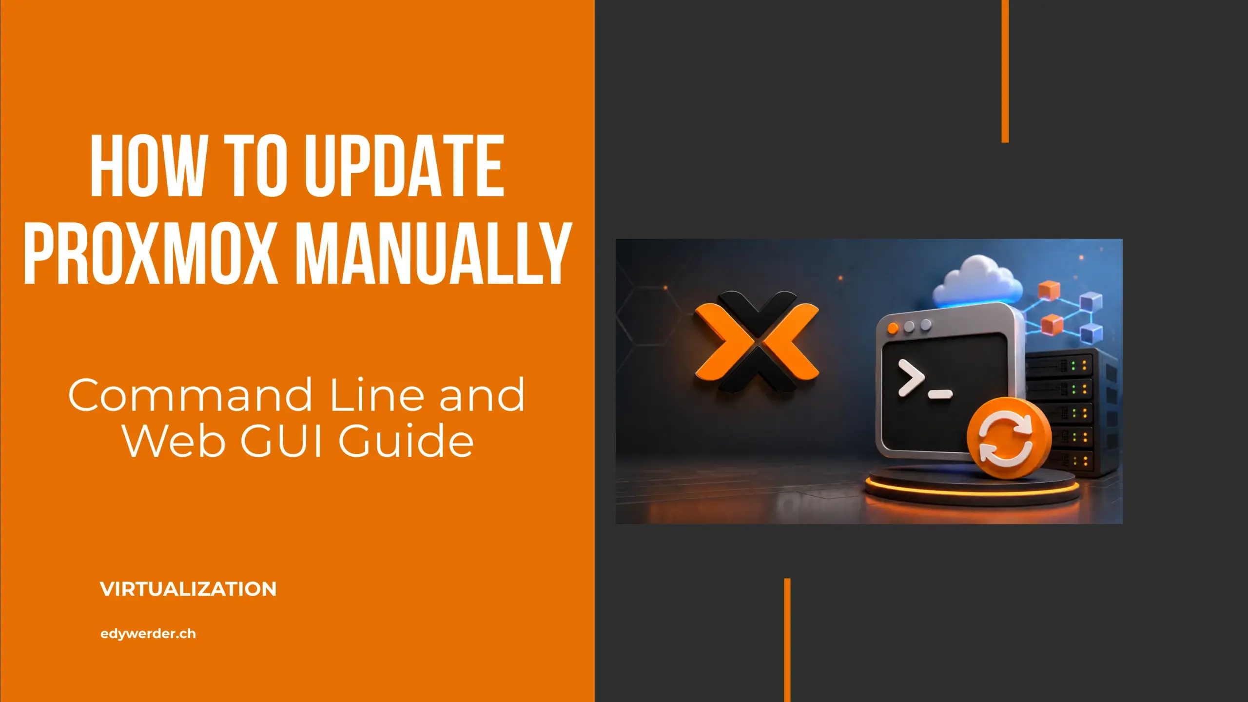 How to update Proxmox manually — hero image showing the Proxmox logo, a terminal window, and a server rack."