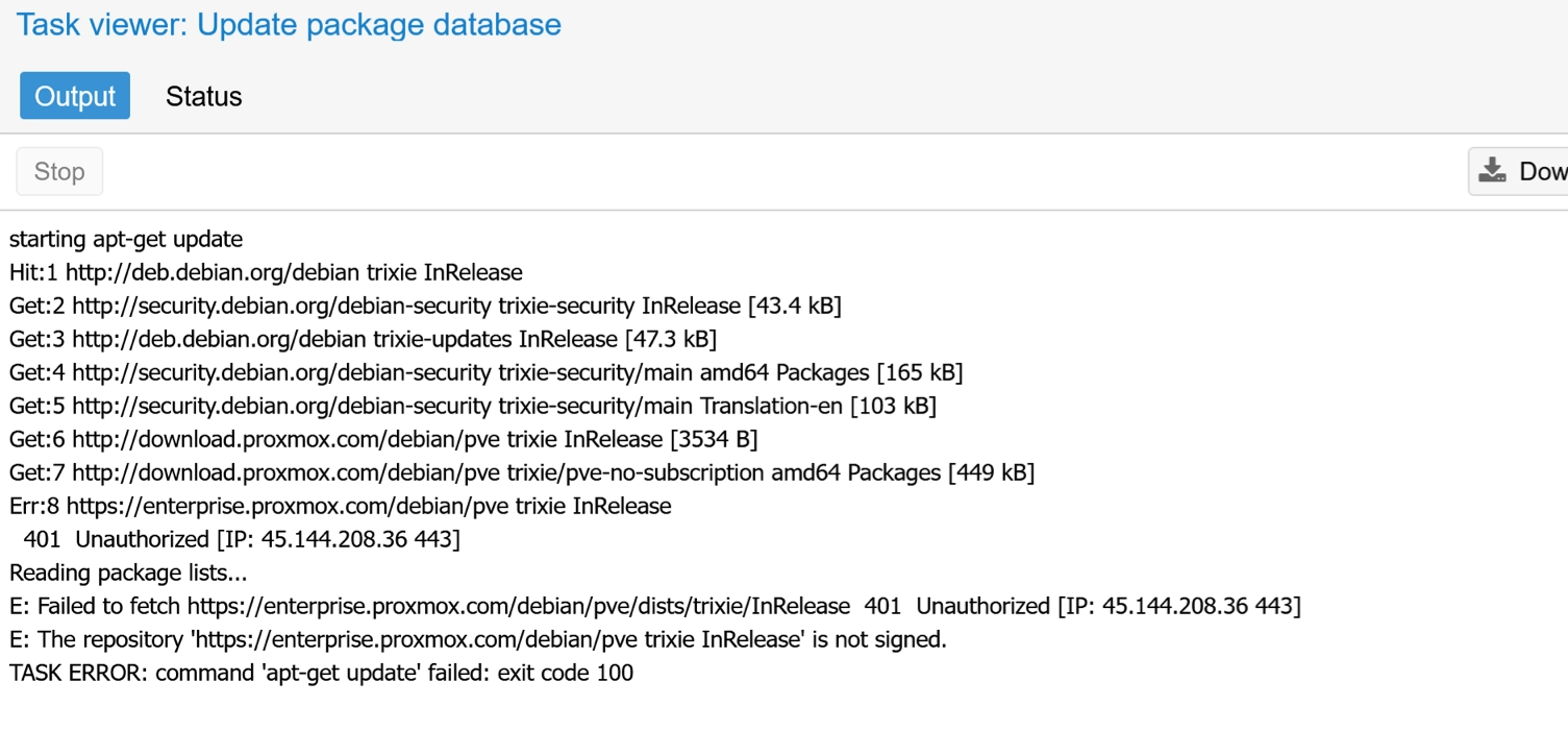 Proxmox web GUI task viewer showing a 401 Unauthorized error when updating the package database due to an active enterprise repository without a subscription key