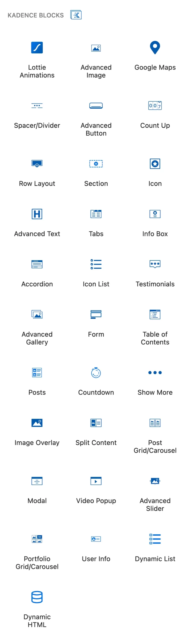 Grid of Kadence Blocks icons including Lottie Animations, Advanced Image, Row Layout, Tabs, Accordion, Form and Table of Contents