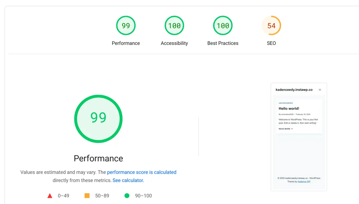 Kadence Google page speed score