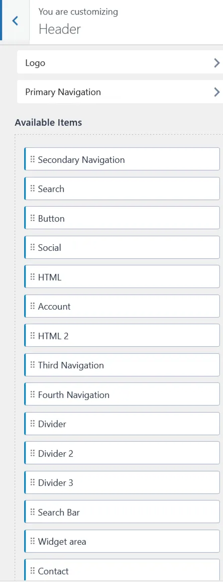 The Kadence header Customizer panel listing available header items such as Secondary Navigation, Search, Button, Social, Account and HTML