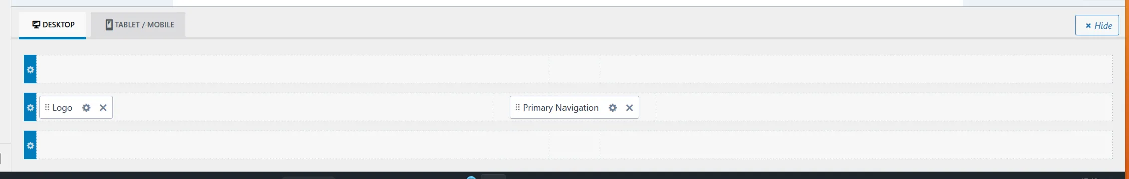 The Kadence header builder with Desktop and Tablet/Mobile tabs, showing Logo and Primary Navigation in a drag-and-drop grid