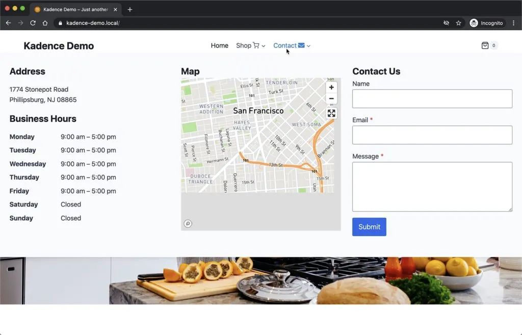 A Kadence mega menu dropdown on the Kadence Demo site showing the business address, opening hours, a location map and a contact form