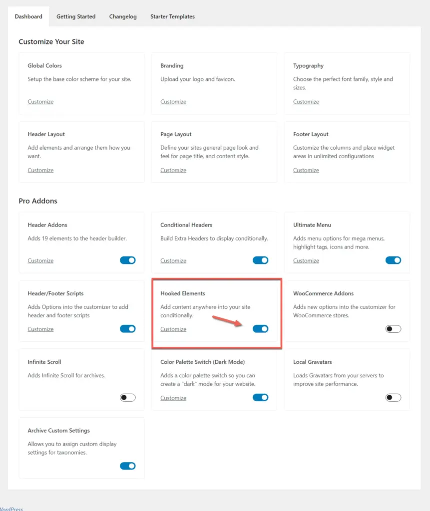 The Kadence dashboard Pro Addons section with the Hooked Elements add-on highlighted and toggled on