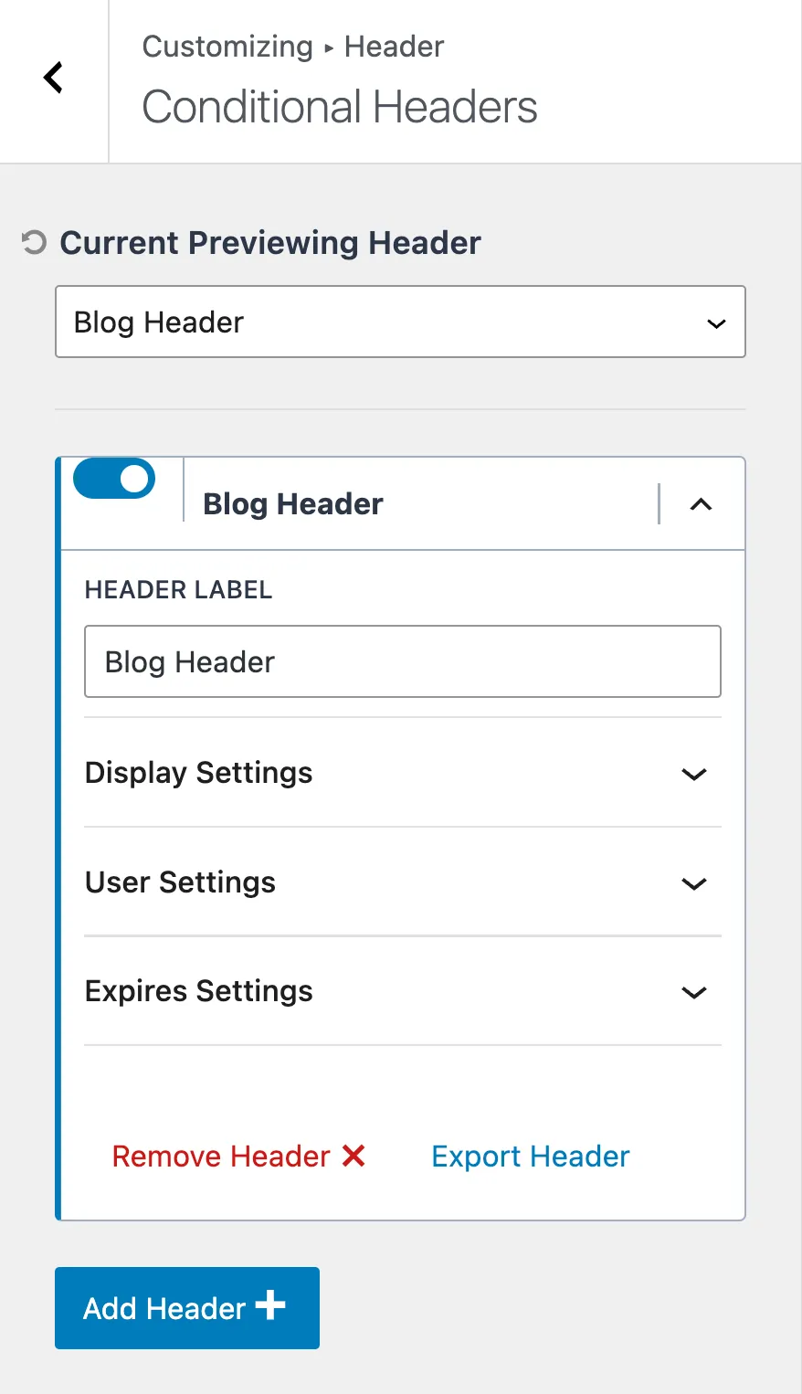 Kadence Conditional Headers settings in the Customizer with a Blog Header configured, showing Display, User and Expires options