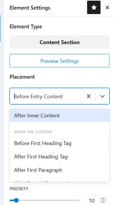 Kadence Element Settings panel with the Placement dropdown open, showing options like Before Entry Content, After First Heading Tag and After First Paragraph