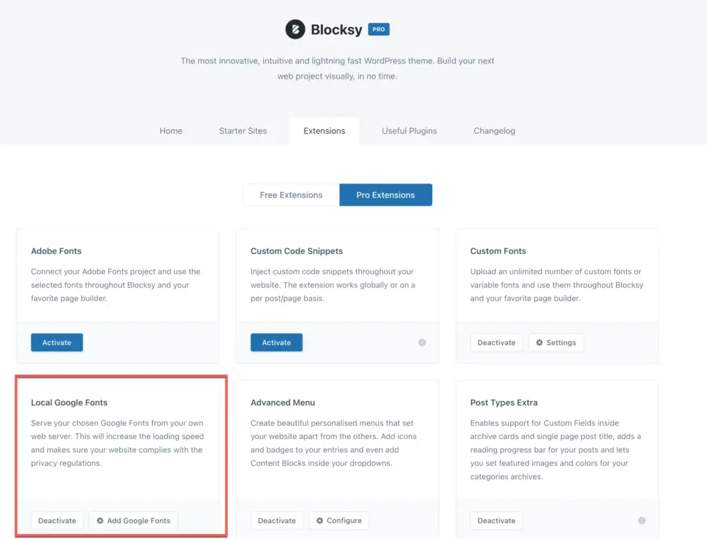 Blocksy Pro Extensions screen with the Local Google Fonts extension highlighted, which serves Google Fonts from your own server for speed and privacy