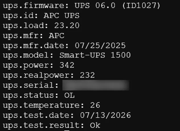 NUT output showing APC Smart-UPS 1500 status and power usage on Proxmox