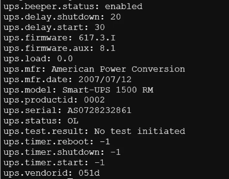 NUT upsc output showing an APC Smart-UPS connected to Proxmox