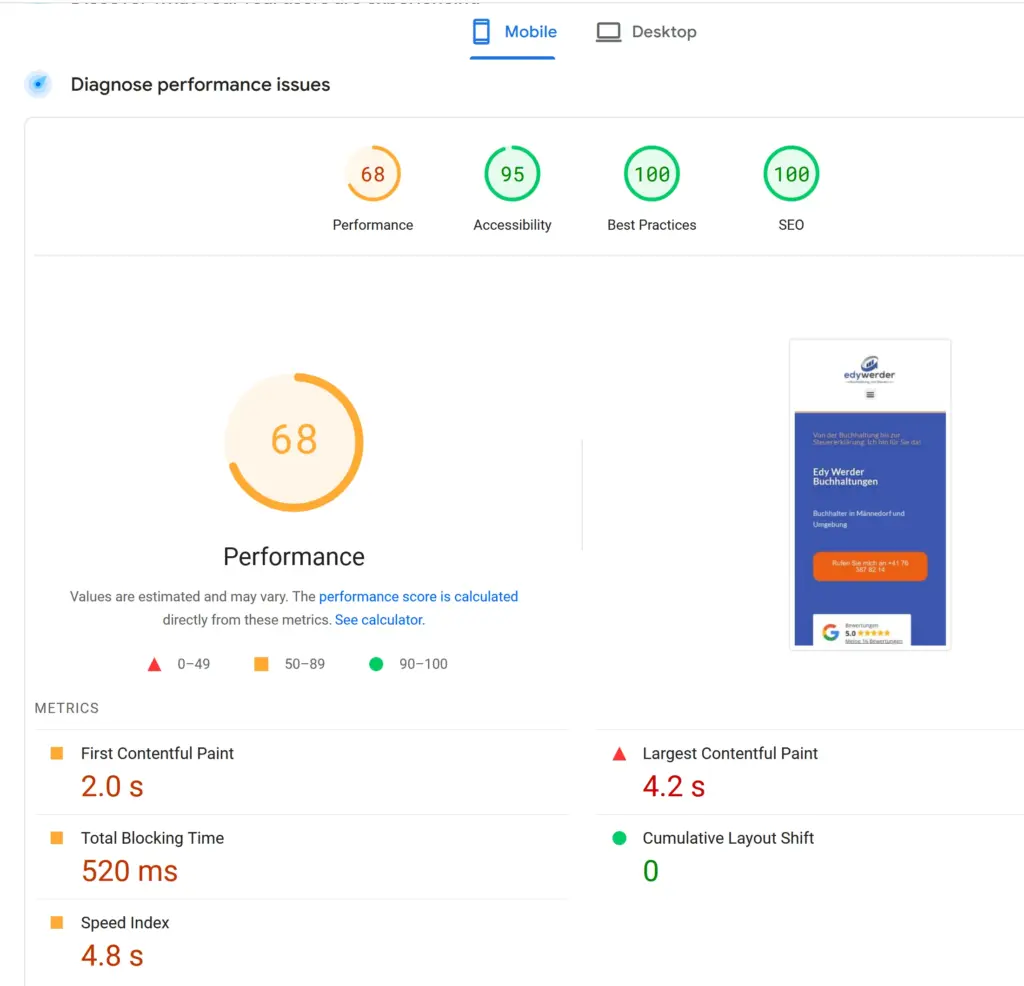 Google PageSpeed Insights mobile report with WP Rocket showing improved Performance 78, Accessibility 95, Best Practices 100 and SEO 100