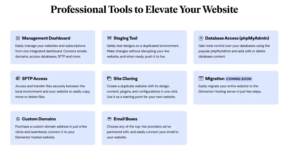 Elementor Hosting professional tools grid: Management Dashboard, Staging Tool, Database Access, SFTP, Site Cloning, Migration, Custom Domains and Email Boxes