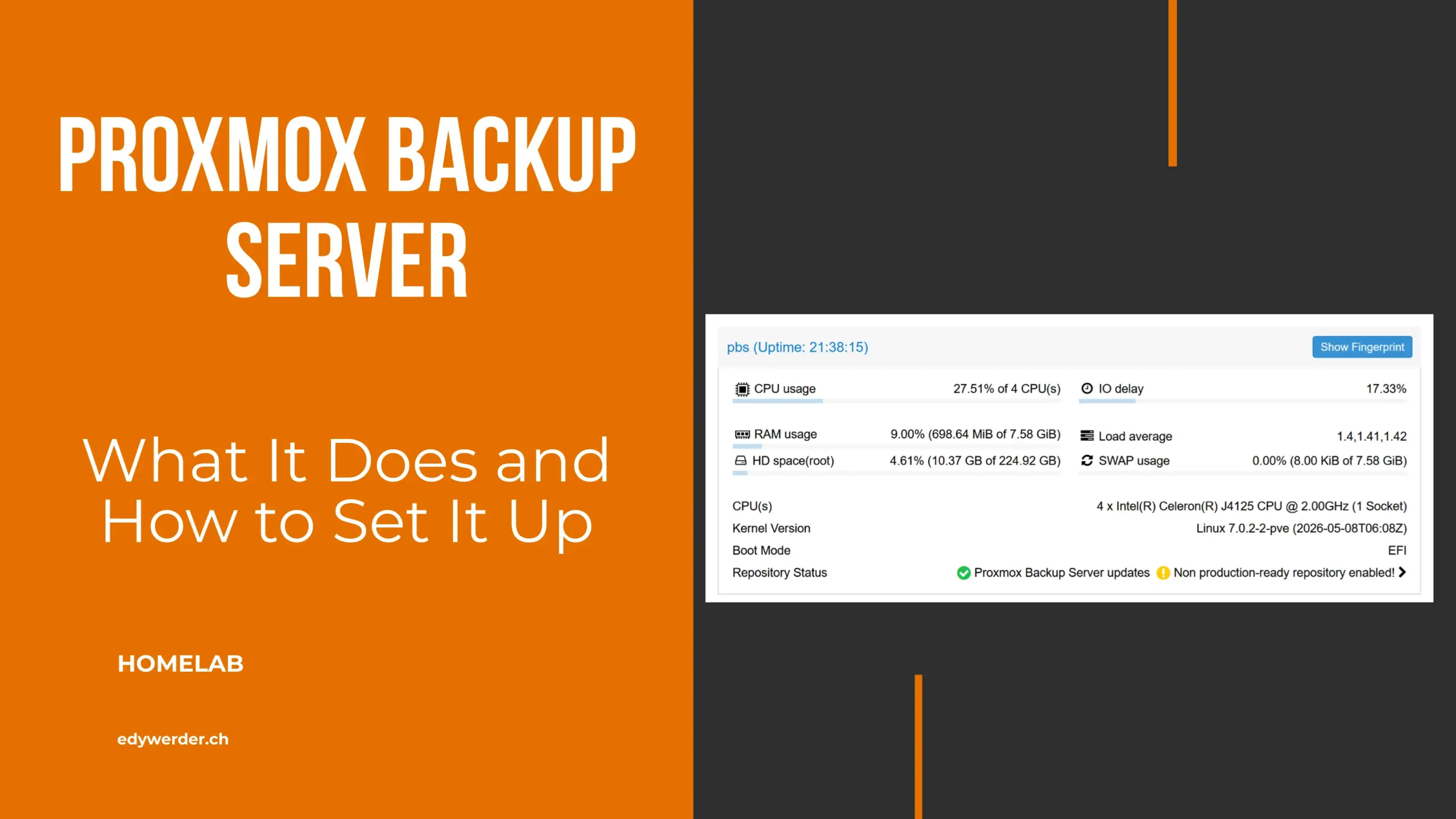 Proxmox Backup Server dashboard running on a Celeron J4125 mini-PC homelab setup