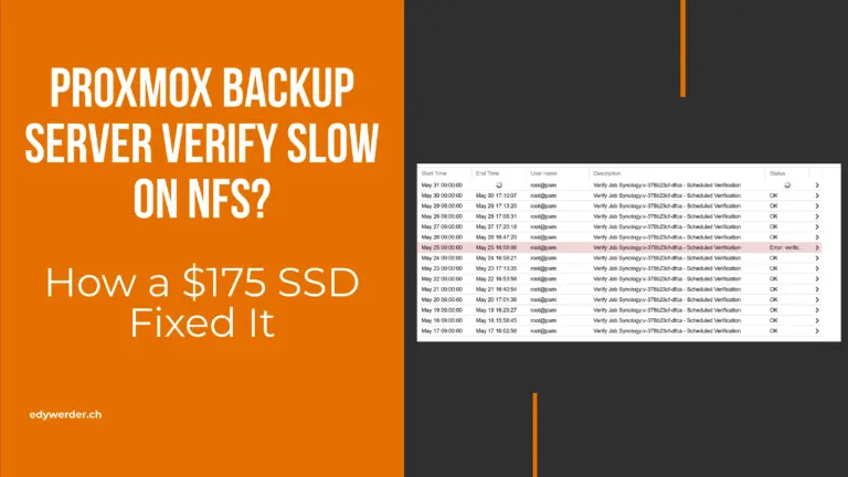Proxmox Backup Server verify slow on NFS, blog banner showing Synology verify history with multi-hour daily runs