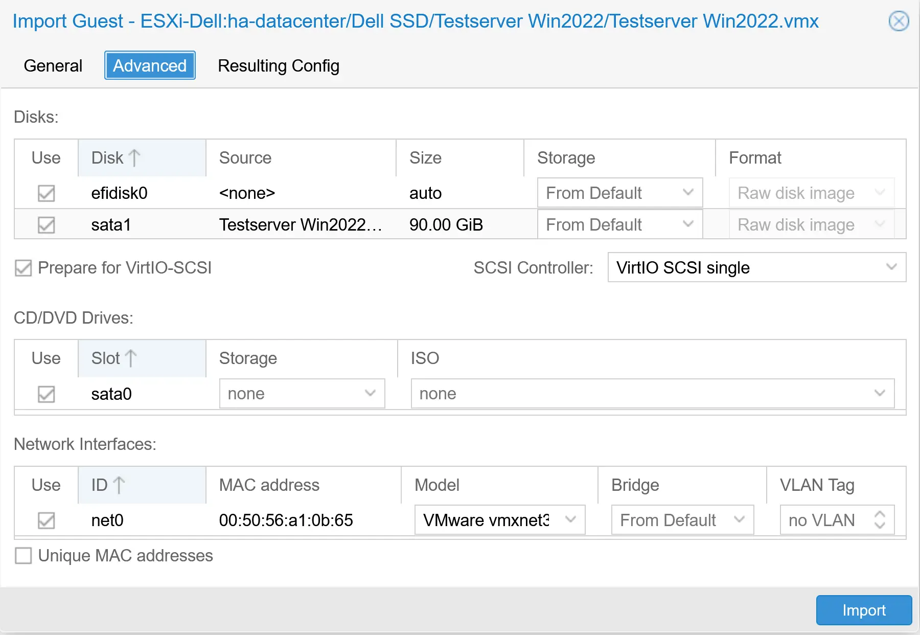 Vmware to Proxmox: Ultimate Import Wizard for converting a virtual machine 13 Proxmox Import Guest Advanced