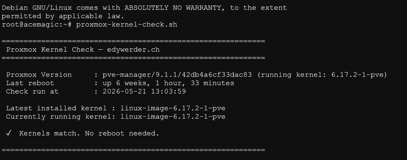 Proxmox kernel check script output showing latest installed kernel and running kernel match on Proxmox 9.1.1 with no reboot needed