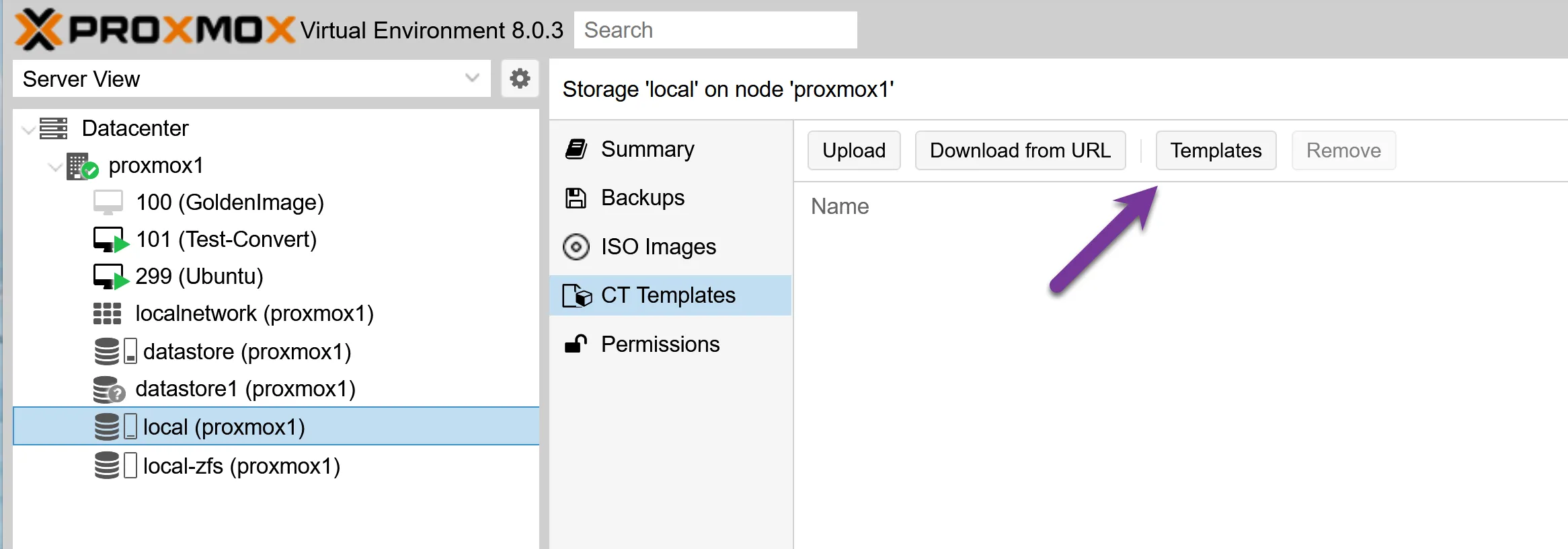 Proxmox download a container template