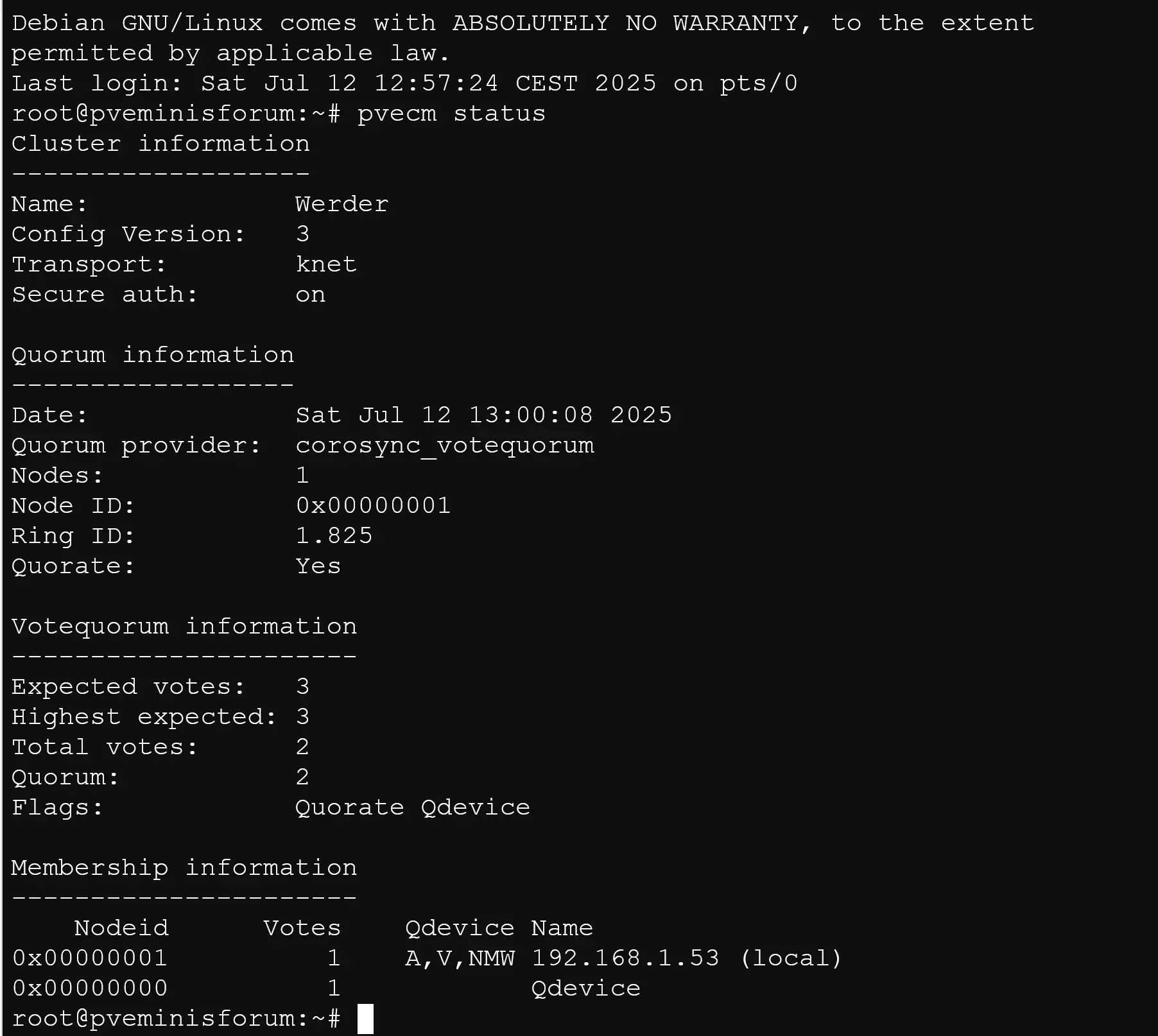 Proxmox Cluster 2 Nodes – How a QDevice Can Improve Quorum Stability 7 Terminal output of pvecm status showing one node down but quorum still maintained thanks to the QDevice.
