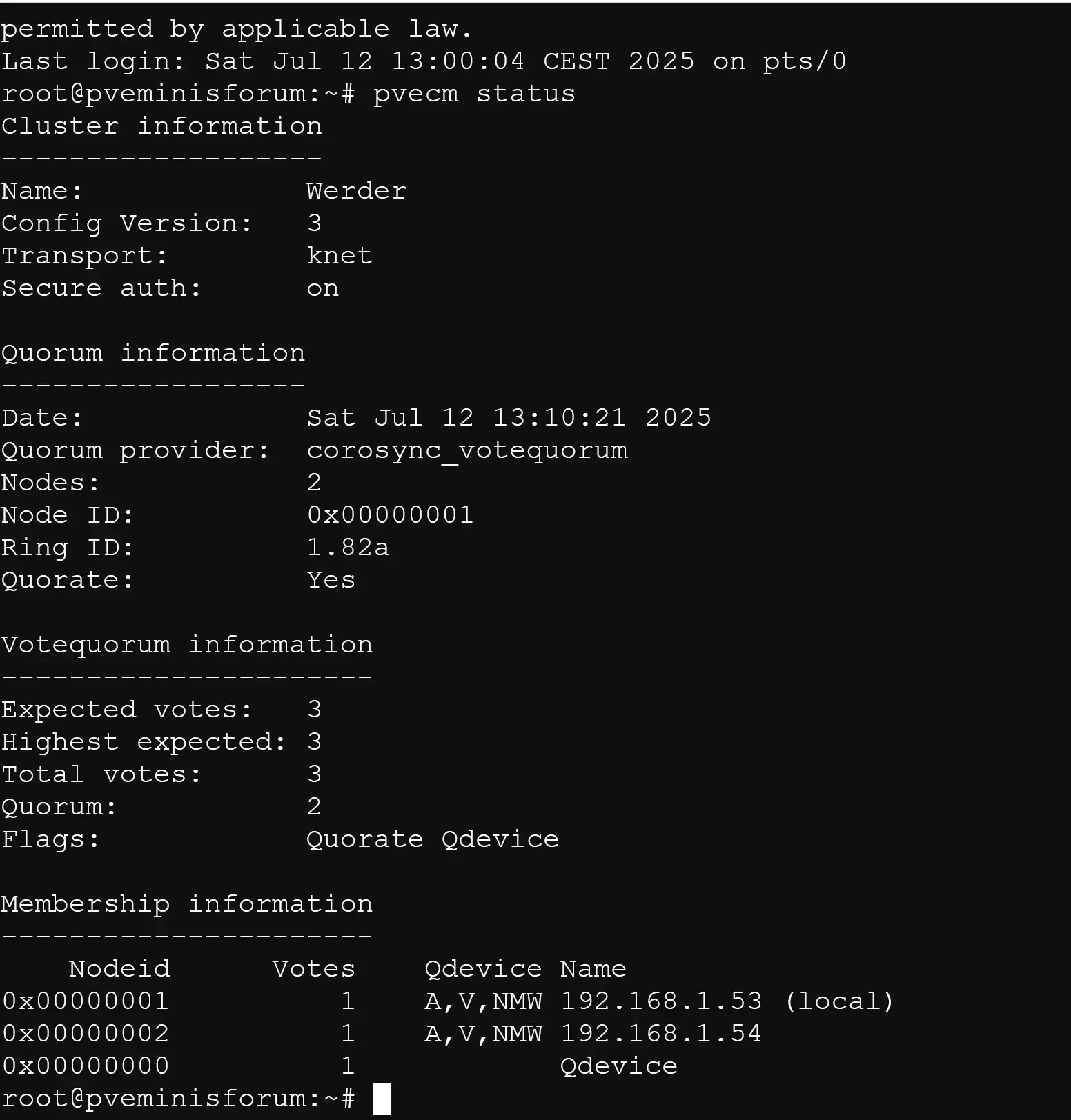 Proxmox Cluster 2 Nodes – How a QDevice Can Improve Quorum Stability 4 Terminal output of pvecm status showing three total votes — two from cluster nodes and one from a QDevice — confirming quorum is active and stable.