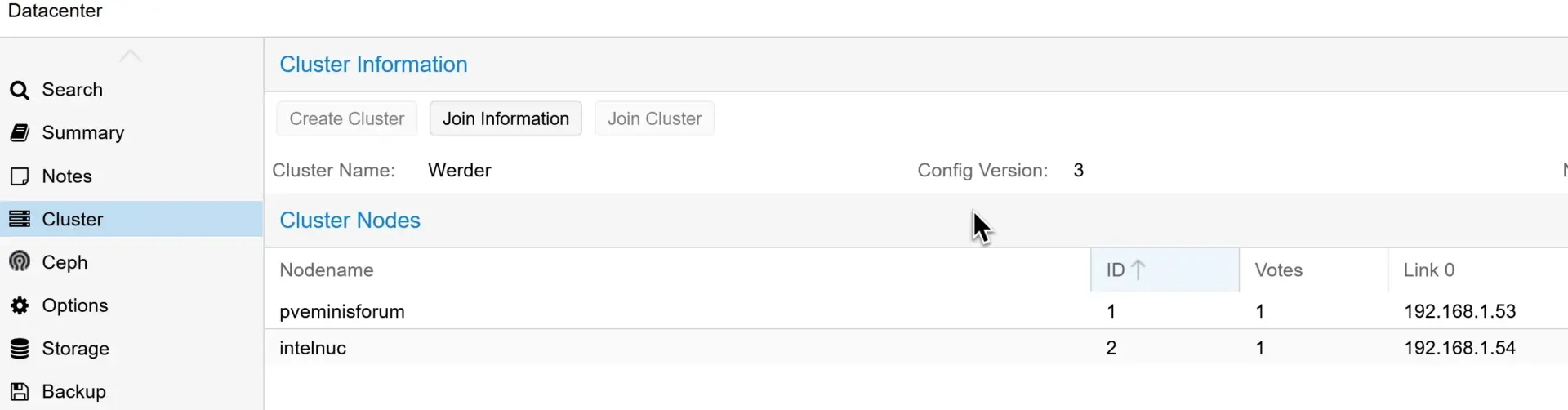 Proxmox Cluster 2 Nodes – How a QDevice Can Improve Quorum Stability 5 Proxmox Cluster view in the web GUI showing two nodes, each with one vote. No QDevice is visible, as Proxmox GUI does not display it.