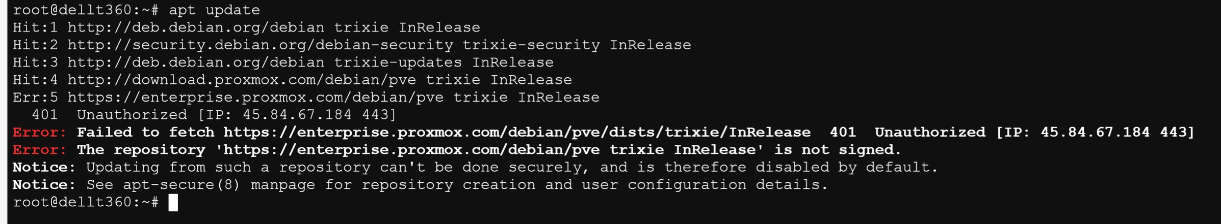 Proxmox shell output showing a 401 Unauthorized error on apt update caused by the enterprise repository being active without a subscription key