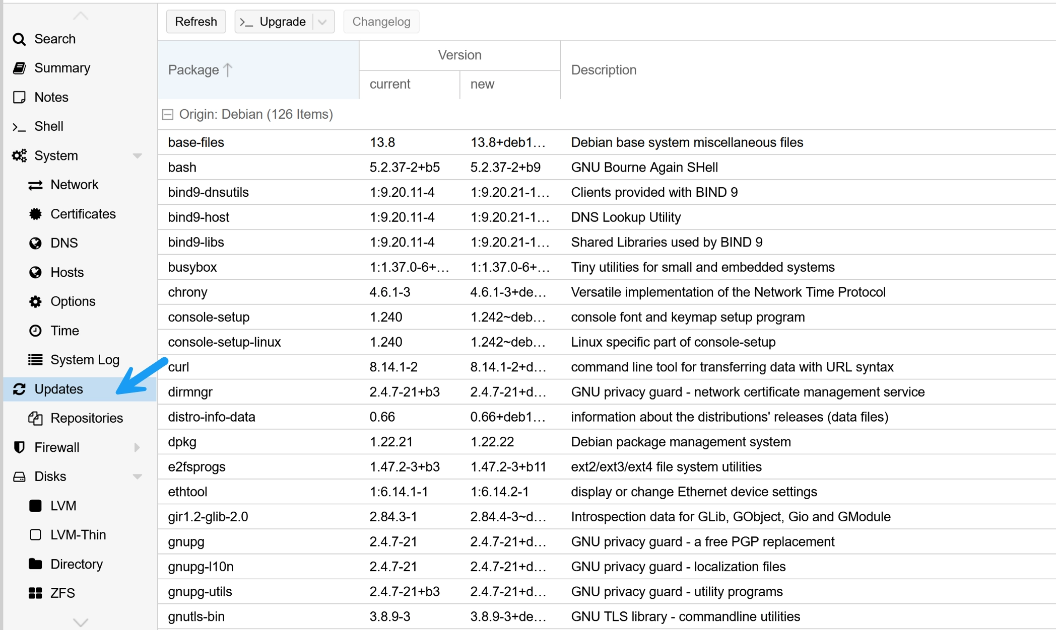 Proxmox web GUI Updates panel showing 126 available Debian packages with current and new version numbers listed.