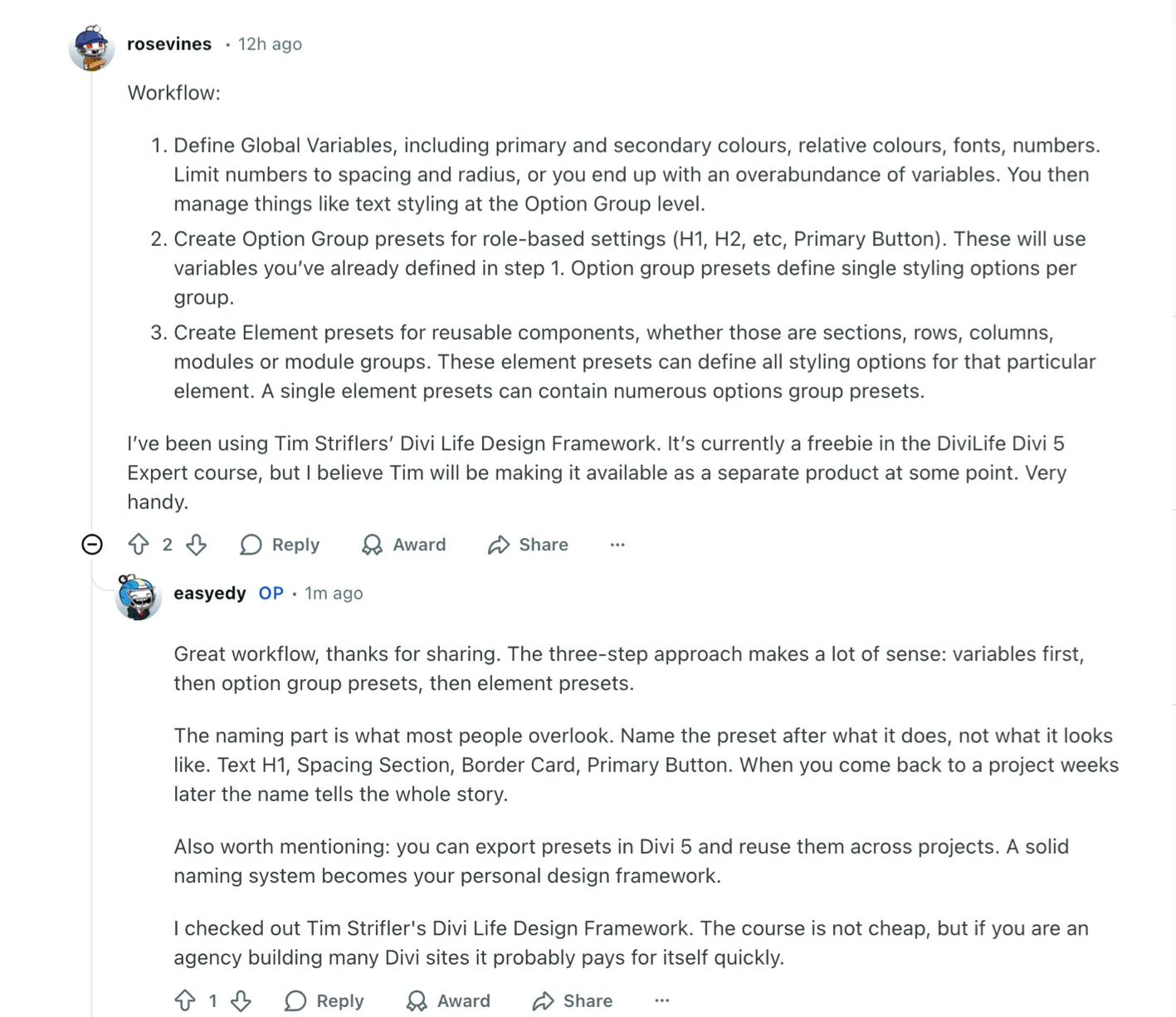 Reddit thread showing rosevines workflow in Divi 5