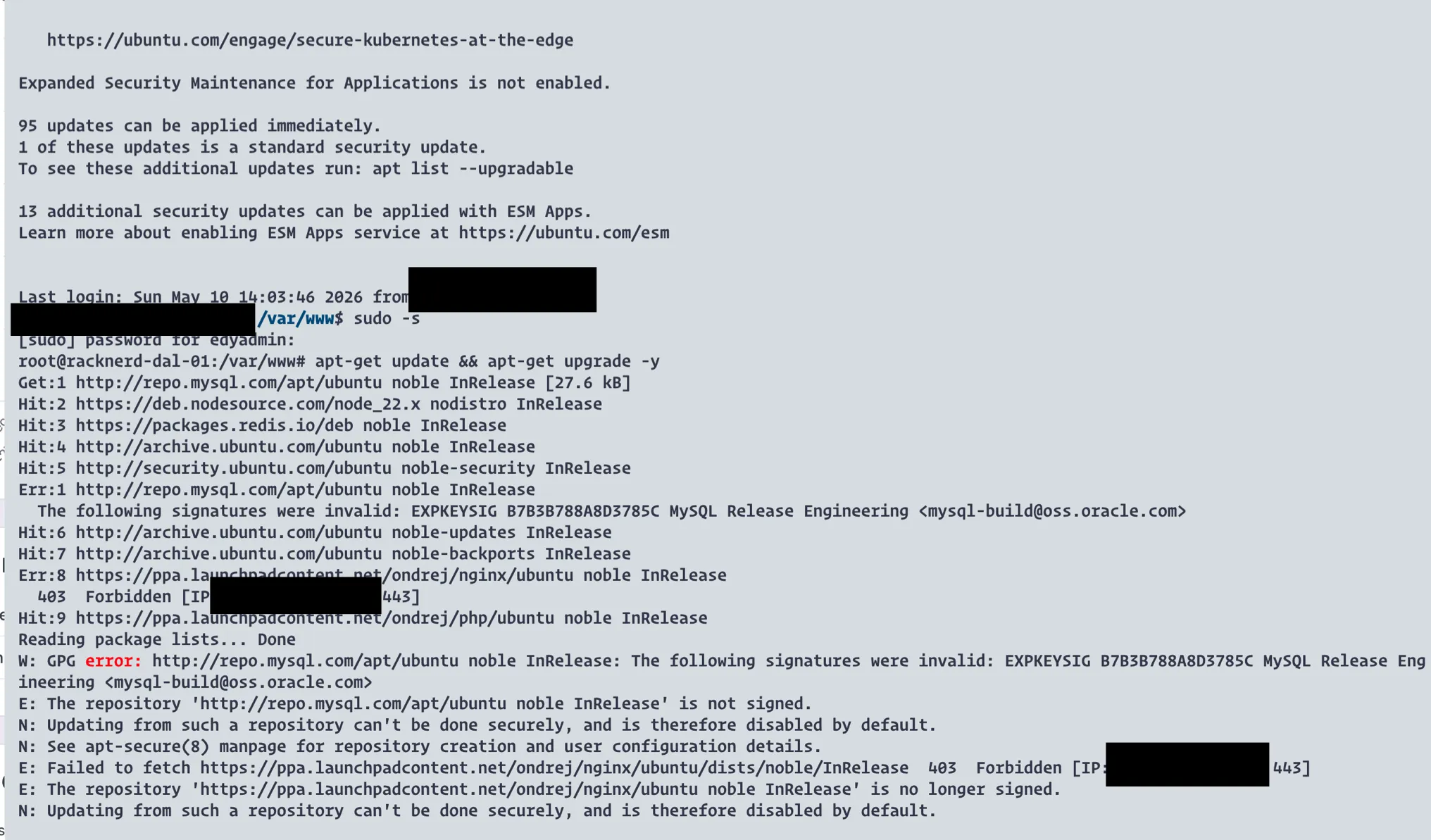 Terminal output showing apt-get update errors on a self-managed VPS with expired MySQL GPG key and 403 Forbidden on Nginx PPA