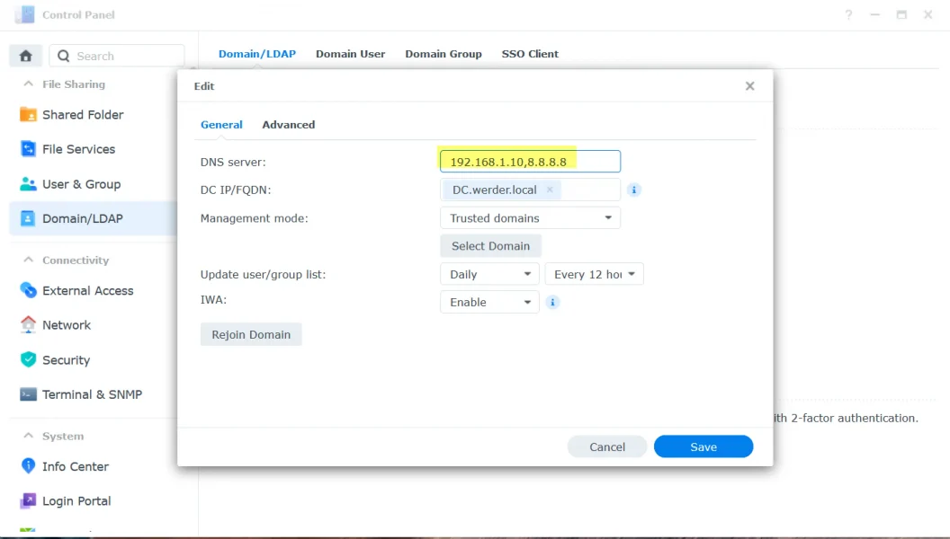 Synology Control Panel Domain LDAP settings with external DNS server added