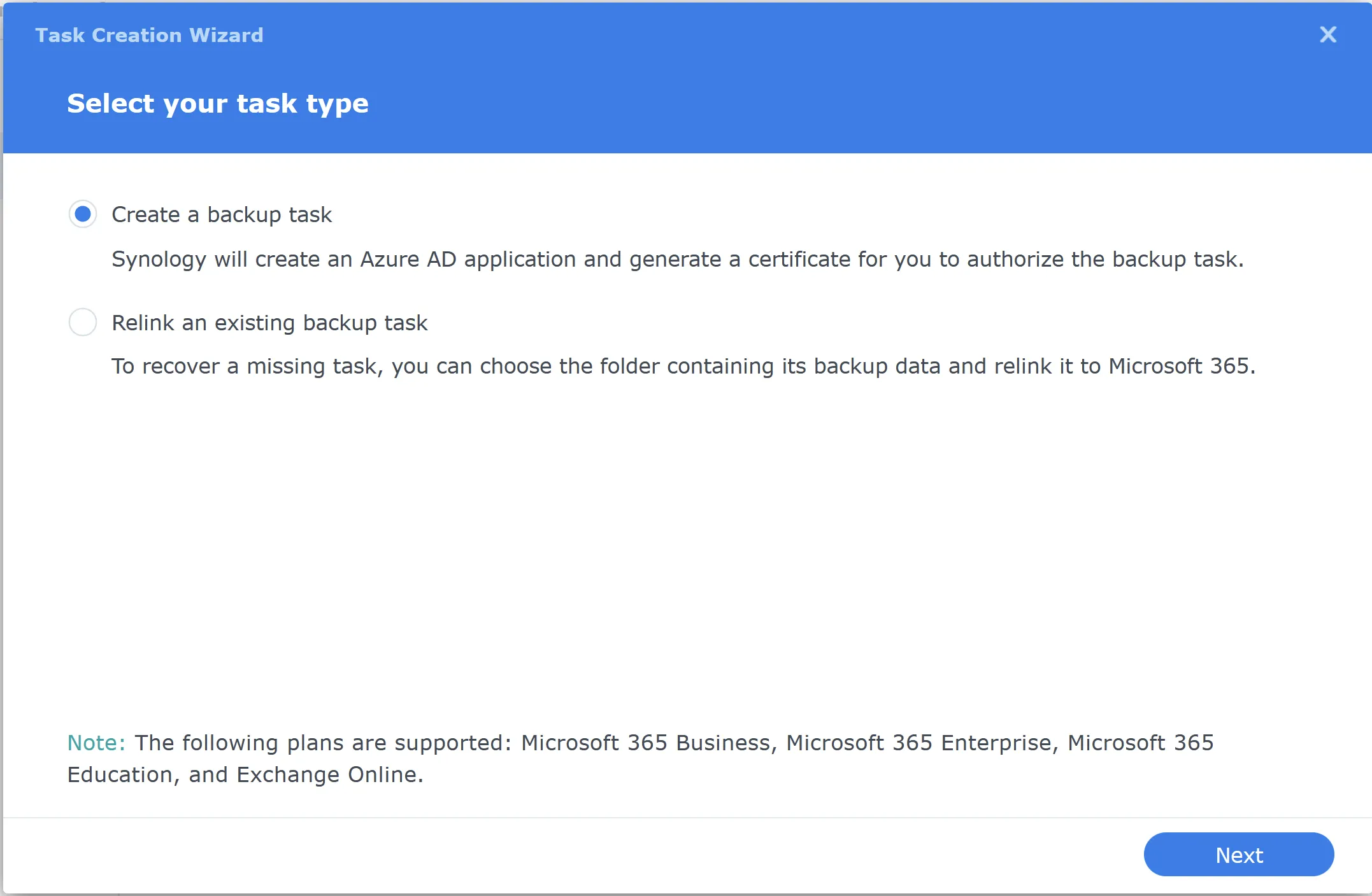 Did you know using Synology Active Backup for Microsoft 365 is a free alternative to Veeam Microsoft 365? 4 Task Creation wizard