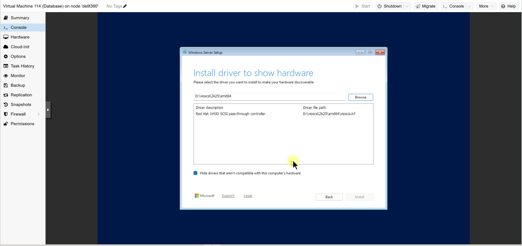 Windows Server setup in Proxmox loading the VirtIO SCSI storage driver
