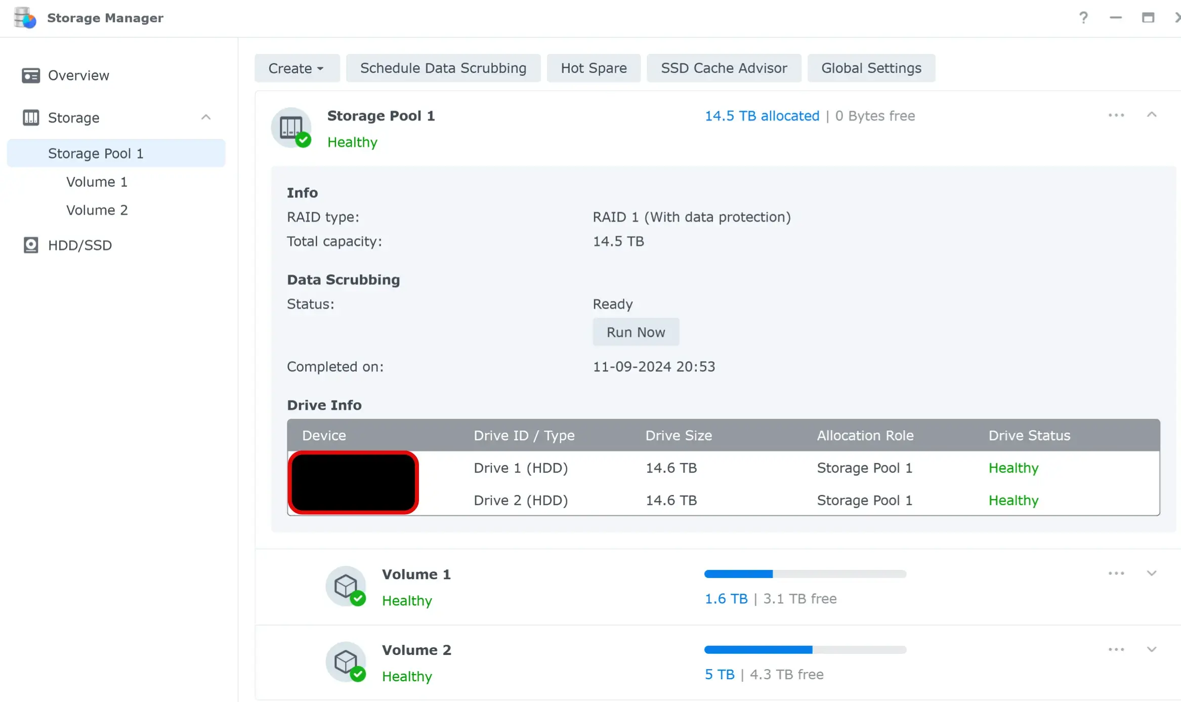 Synology DSM storage manager showing RAID volumes on a homelab NAS