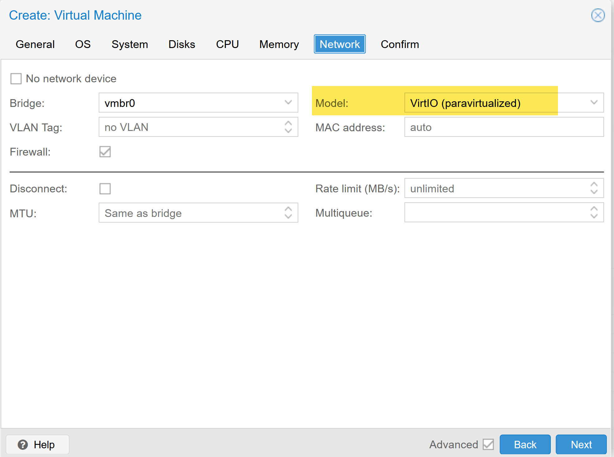 Proxmox network settings for Windows Server VM with VirtIO network adapter