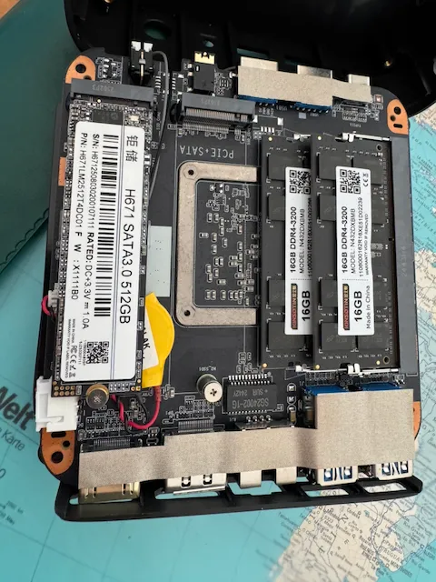 Inside Acemagic K1 with original 512GB SATA SSD and empty M.2 slot