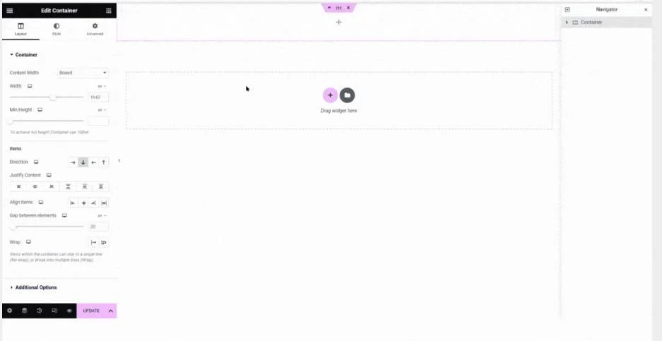 The Elementor editor showing a new empty Flexbox container with the Edit Container layout panel
