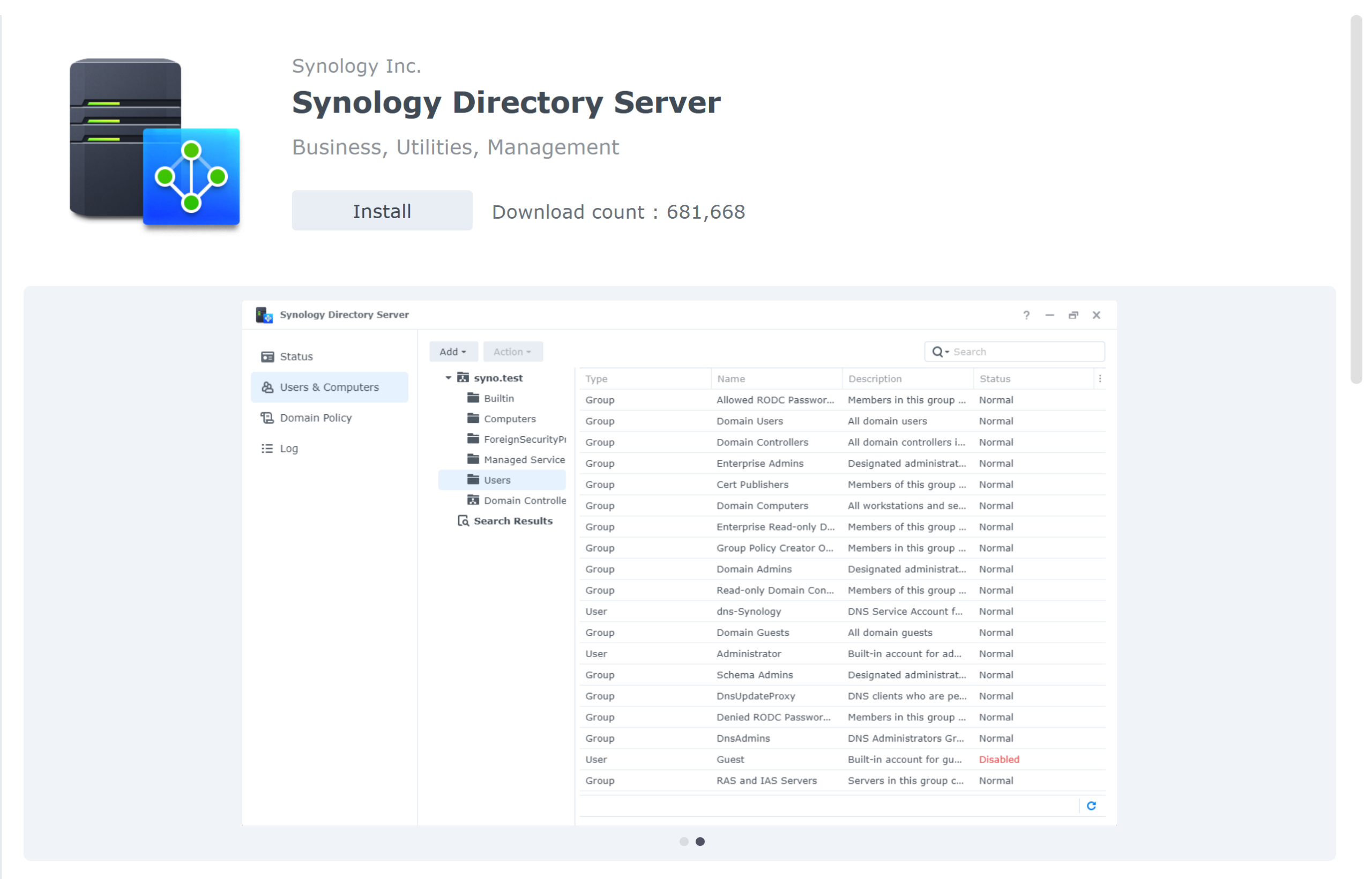 Synology Directory Server package in Package Center