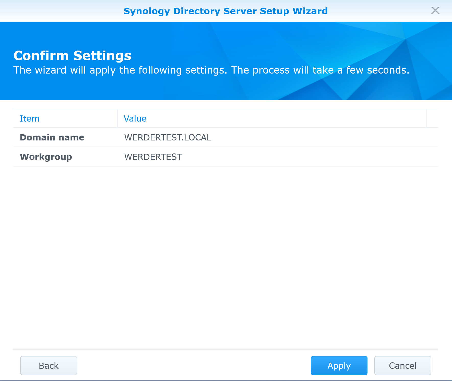 Synology Directory Server wizard confirm settings screen
