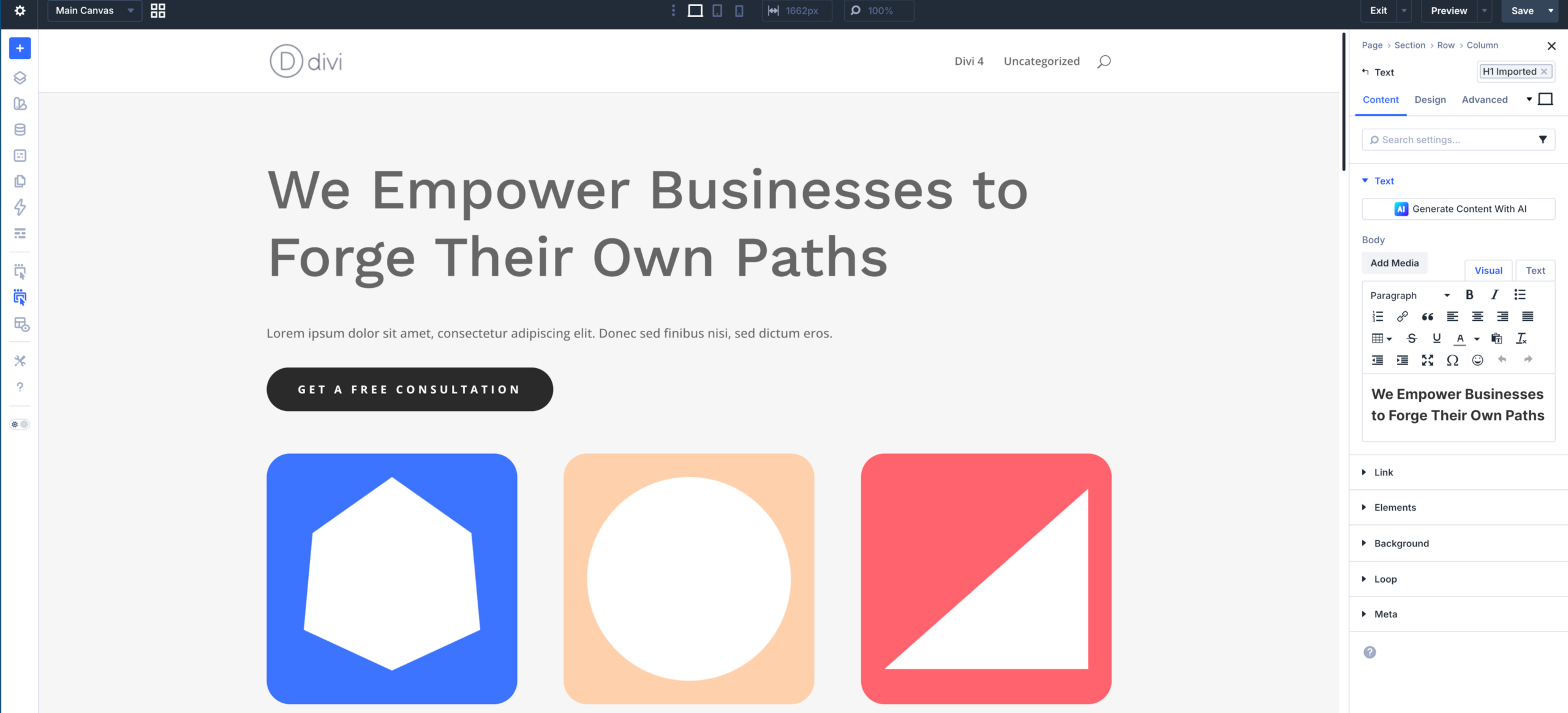 New Divi 5 interface - panel layout