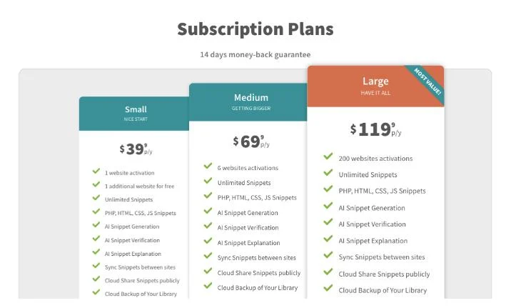 Code Snippets Pro subscription plans: Small 39, Medium 69 and Large 119 USD per year with a 14-day money-back guarantee