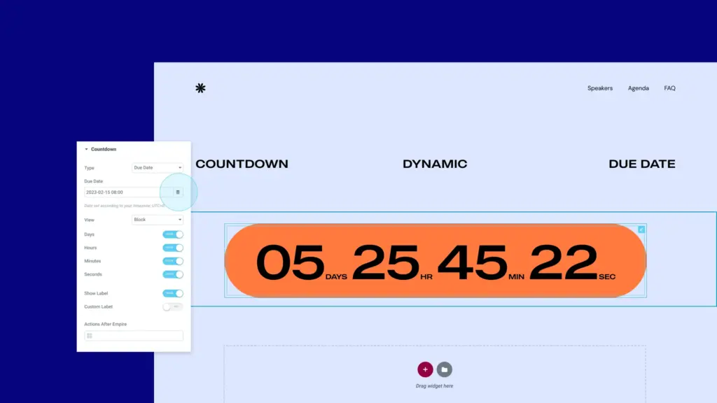The Elementor Countdown widget in the editor displaying a due-date countdown of days, hours, minutes and seconds