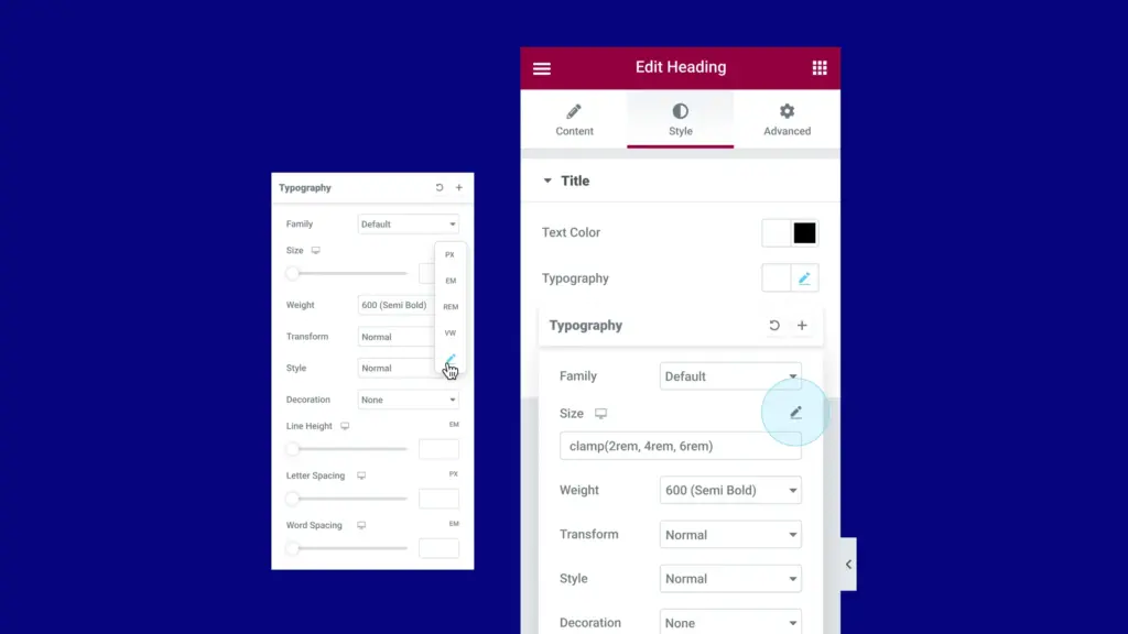 The Elementor typography settings showing custom CSS units (PX, EM, REM, VW) and a clamp() value for responsive font size