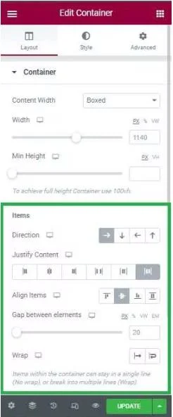 The Elementor Edit Container Items settings highlighted, showing flex direction, justify content and alignment controls