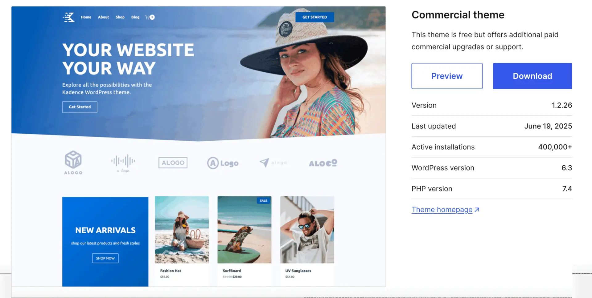 Best Elementor Theme in 2025: Choose the Right One for Your Website Goals 5 Kadence theme preview from the WordPress repository showing a modern homepage layout with product listings and WooCommerce integration