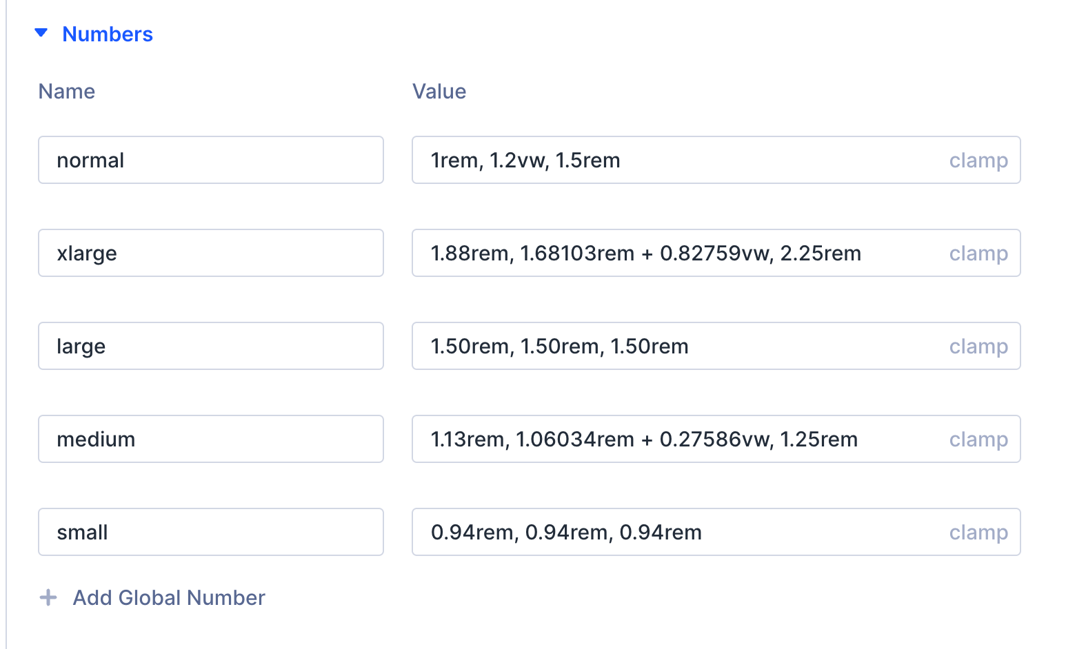 Divi 5 font size variables using clamp values with size-based names: normal, xlarge, large, medium, and small