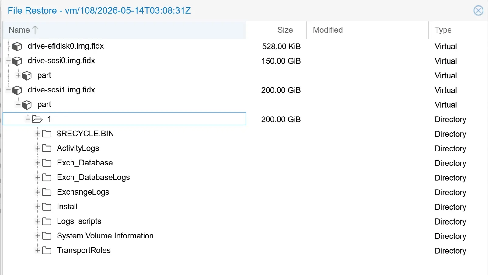 Proxmox Backup Server file-level restore view showing an Exchange Server VM with database and log directories